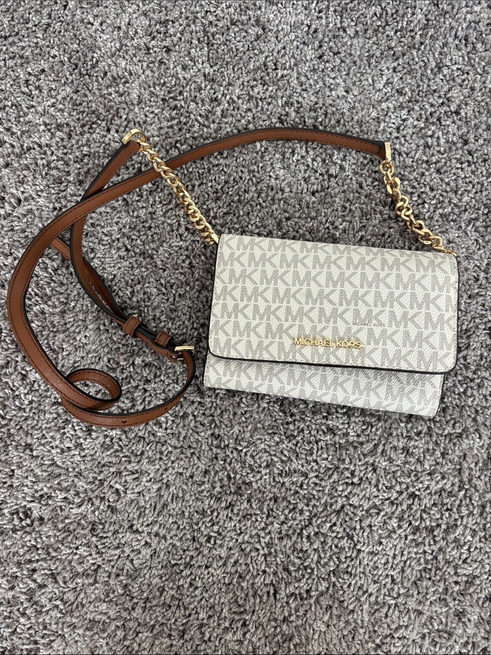 Michael Kors Beige/White Signature Crossbody with Brown Leather Strap